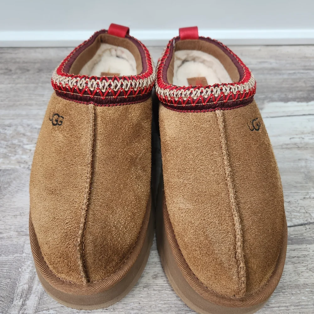UGG Brown Suede Slippers with Red Stitching - Picture 8 of 8